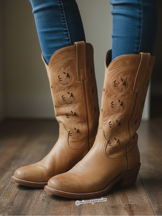 Frye Shoes - VINTAGE 1980 Frye Austin Tan Brown PullOn Leather Floral Embroidered Cowboy Boot